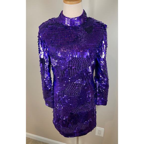 Retrofete April Sequin Embellished Long Sleeve Royal Purple Mini Dress Sz Large - Picture 3 of 12